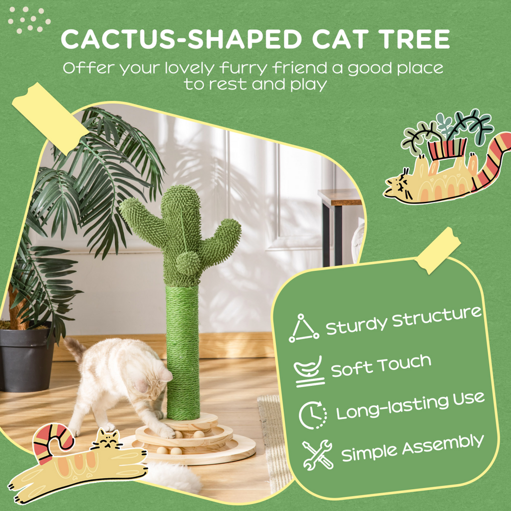 Cat Tree Cactus Sisal Scratching Post Interactive Fun Roller Exerciser Pawhut