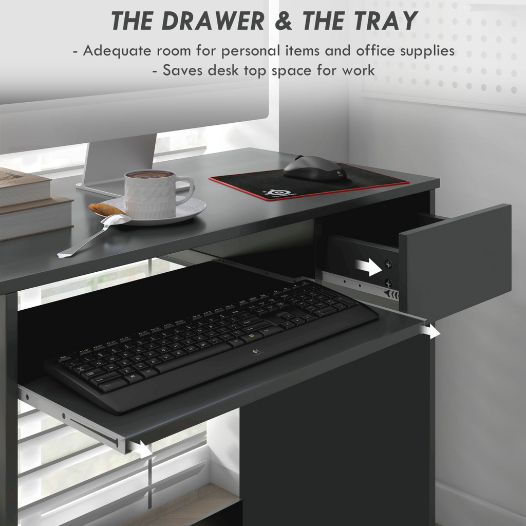 HOMCOM Compact Computer Table with Keyboard Tray Drawer Study Office Work, Grey