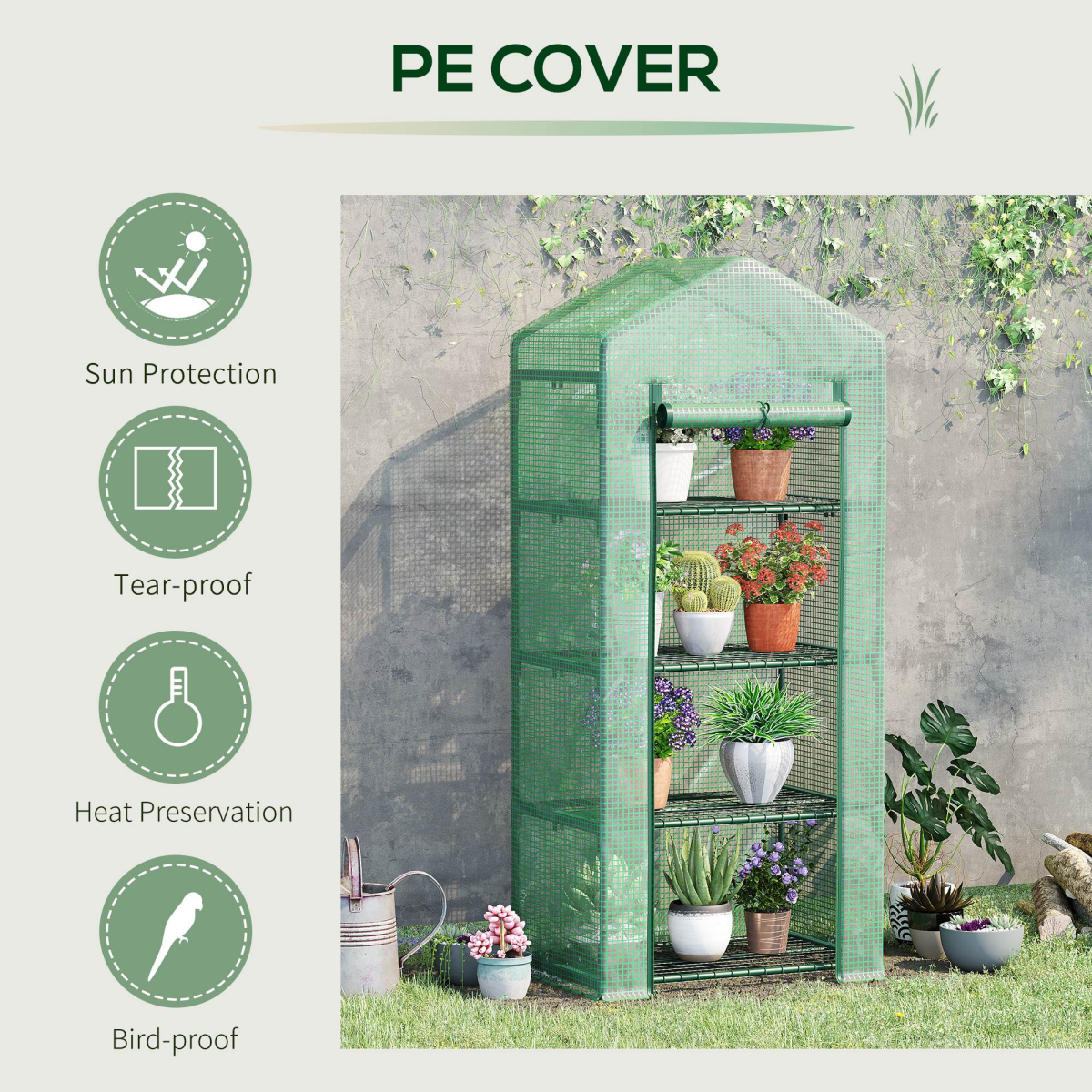 4-Tier Mini Greenhouse with Dark Green PE Cover – 160cm
