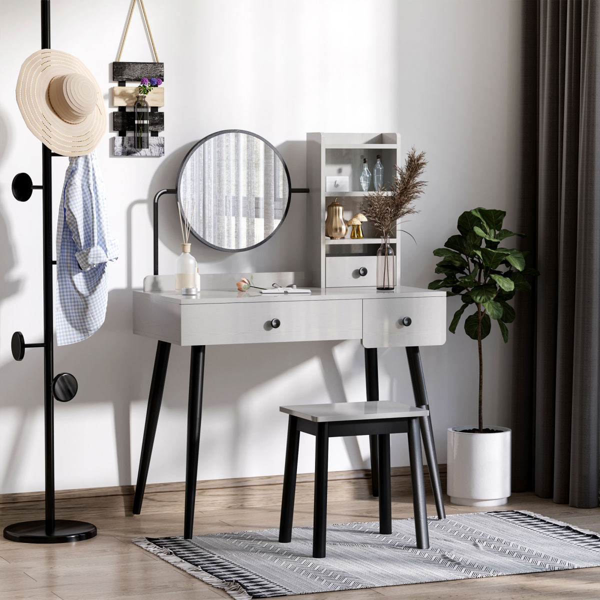 Dressing Table Set with 3 Drawers, Storage shelves and Stool, Grey