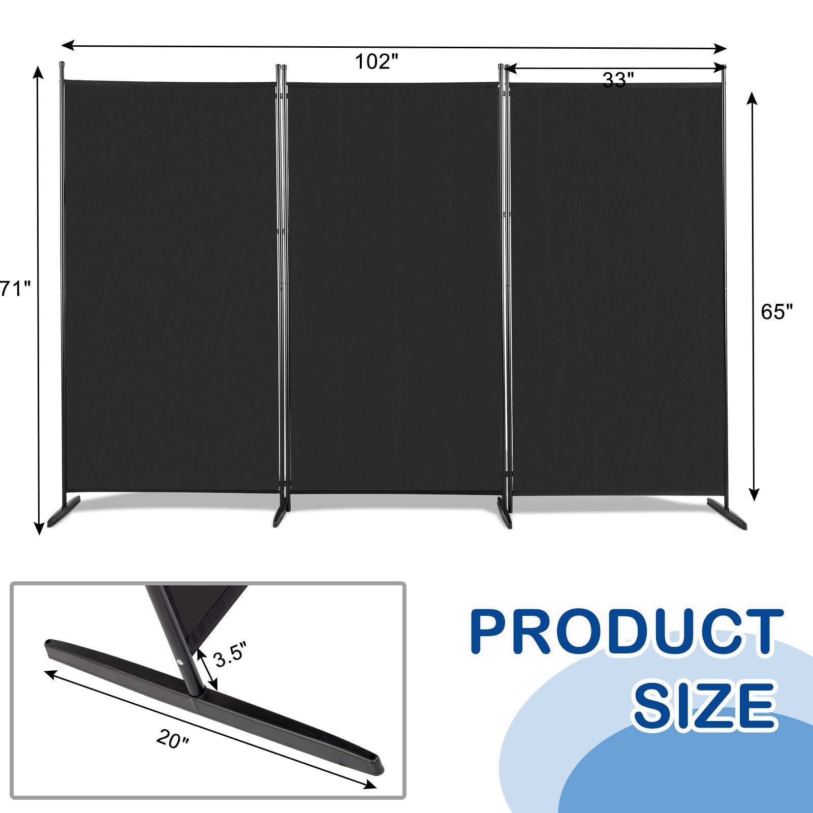 6FT Trifold 130g Polyester Fabric Plastic Foot Carbon Steel Frame Foldable Screen Black