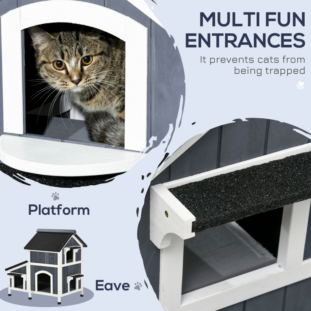 PawHut – Wooden – Cat – House – Outdoor with Flower Pot, – Window, Multiple – Entrances