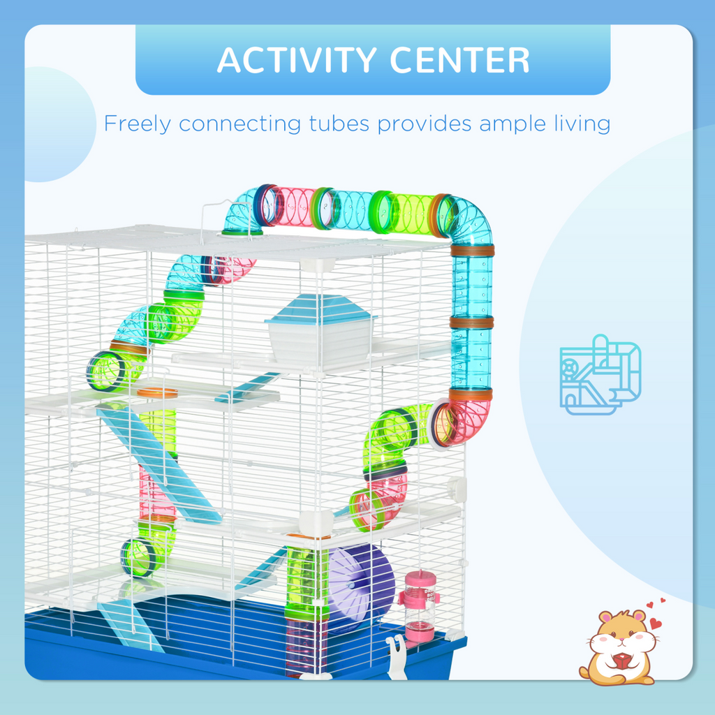 Five-Level Hamster Cage w/ Tubes, Water Bottle, Exercise Wheel, Ramps - Blue