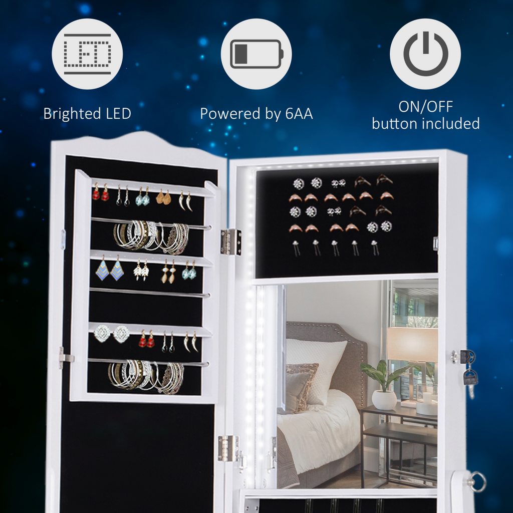 Mirrored Jewelry Cabinet Armoire Floor Standing  Lock, LED Light White