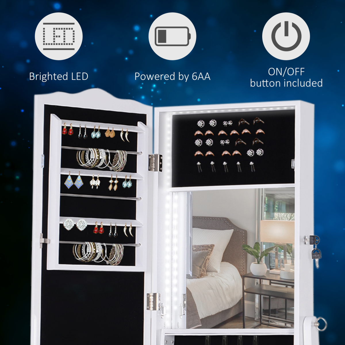 Mirrored Jewelry Cabinet Armoire Floor Standing  Lock, LED Light White