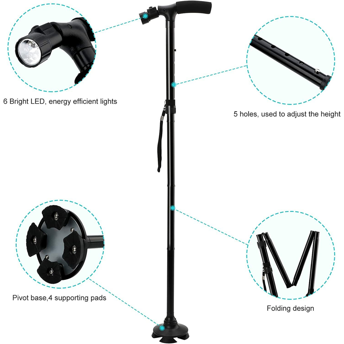 5-Levels Adjustable Height Walking Stick Portable Foldable Cane Travel Camping