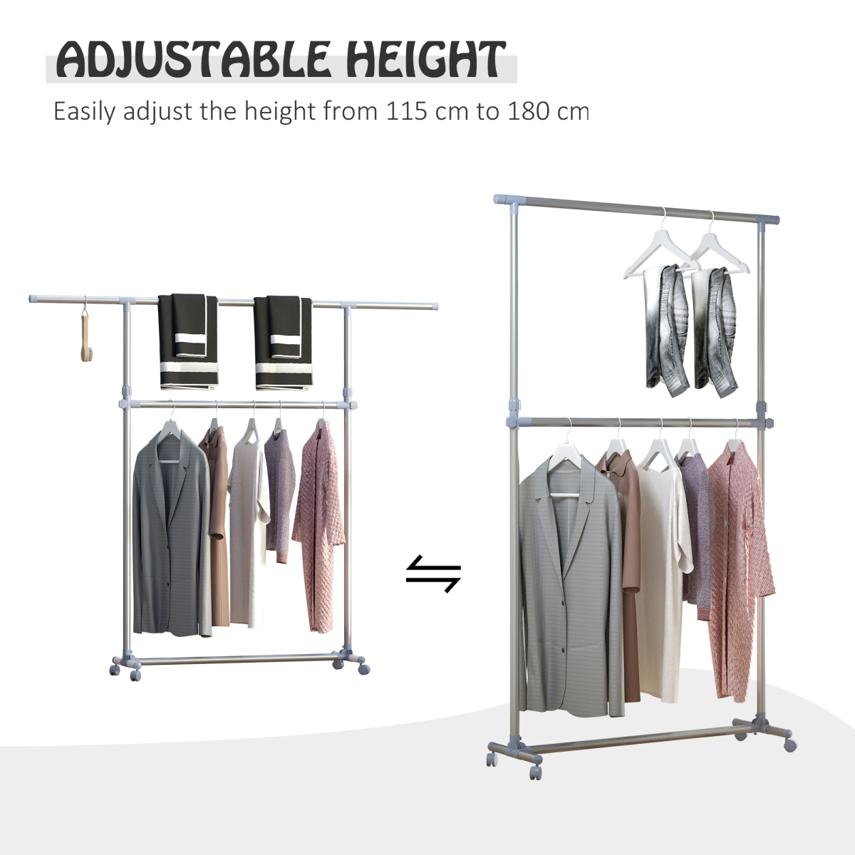 Clothes Hanger with Wheels, Heavy Duty-Silver/Grey