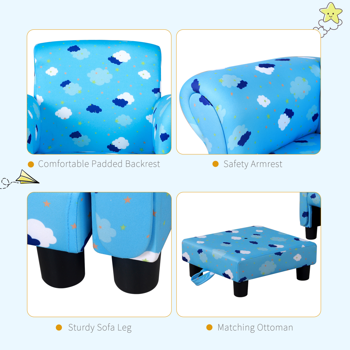 Cute Cloud Star Child Armchair Seat Wood Frame with Footrest Padding Blue