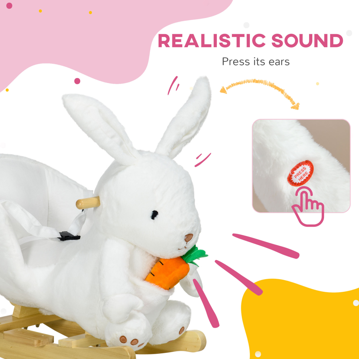 HOMCOM Kids Rabbit-Shaped Rocking Horse with Realistic Sounds Safety Belt White
