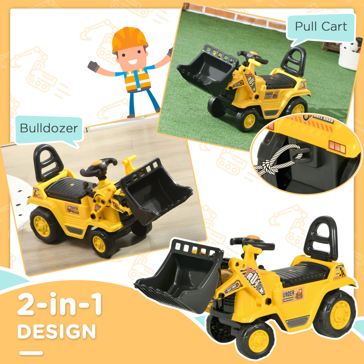 Ride-On Bulldozer Toddler Scooter Storage Cart Construction Truck