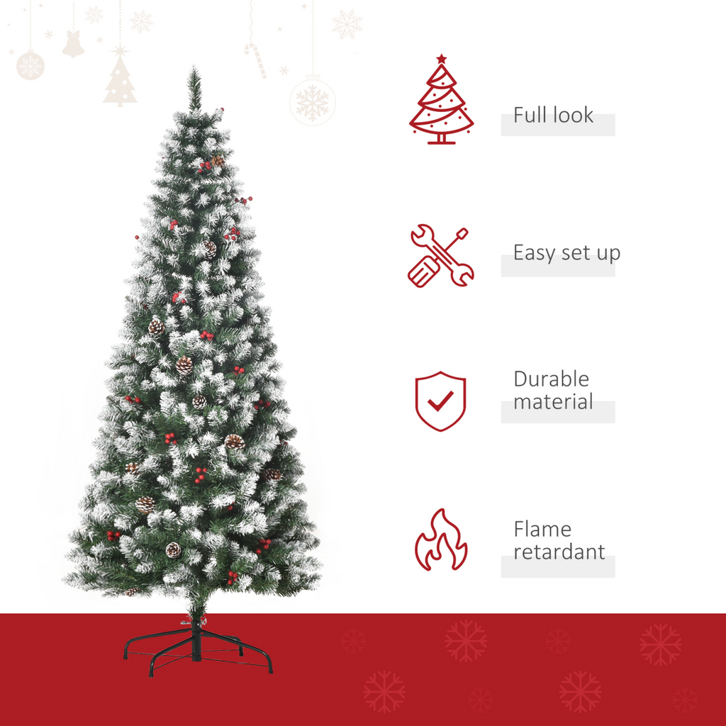 6FT Artificial Christmas Tree Pencil Tree Berries Pinecones Foldable Feet Green