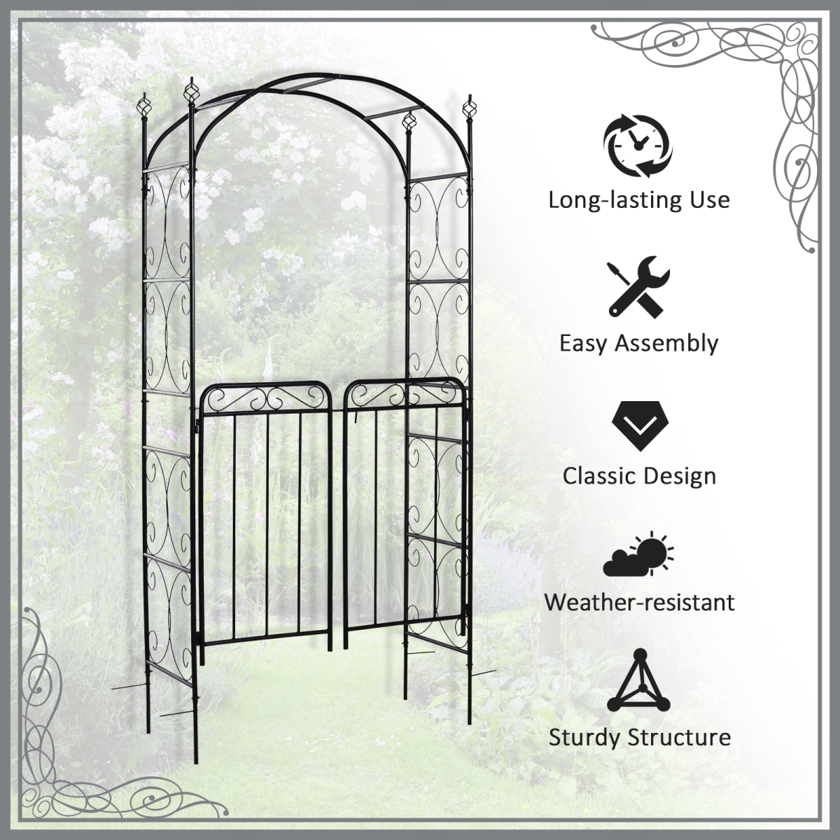 Metal Decorative Backyard Arch Gate Garden Arbor for Climbing Plants Outsunny