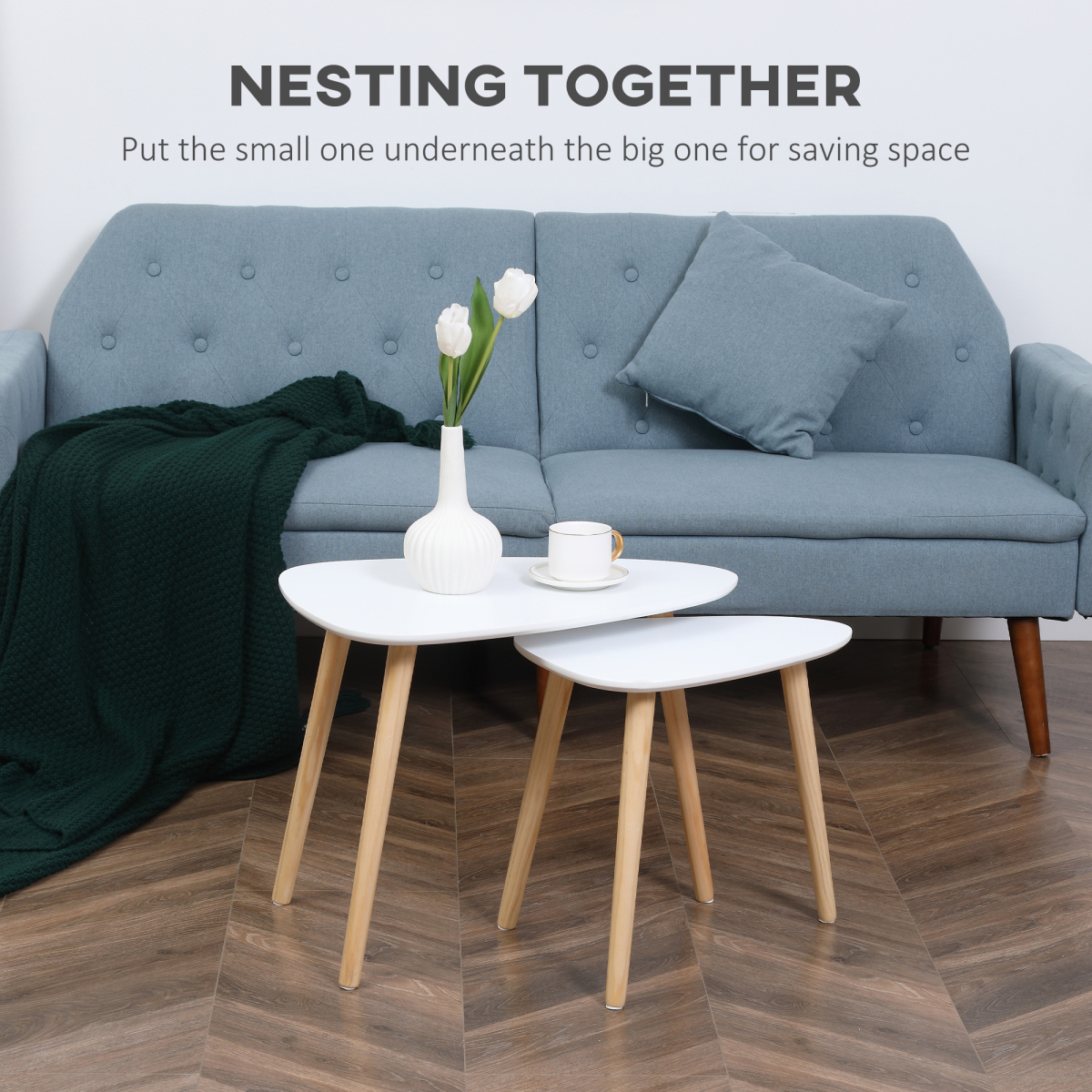 Side Table Set of 2 Nested Coffee Table W/ Solid Wood Legs Living Room White