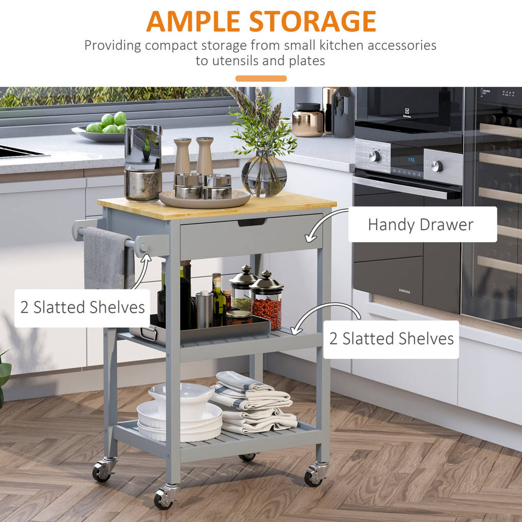 Kitchen Trolley Utility Cart on Wheels with Rubberwood Worktop Towel Rack