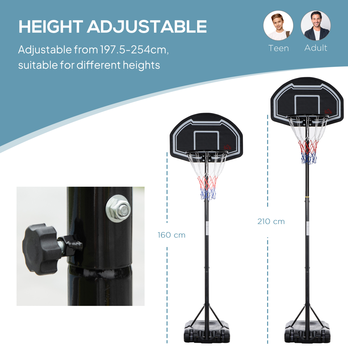 Adjustable Basketball Hoop Stand w/ Wheels and Weight Base 1.6-2.1m HOMCOM