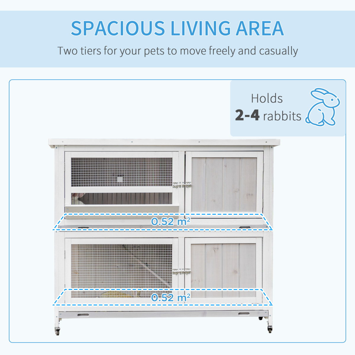 Two-Tier Wooden Rabbit Hutch w/ Wheels, Trough, Rain Cover, Tray - Grey Pawhut