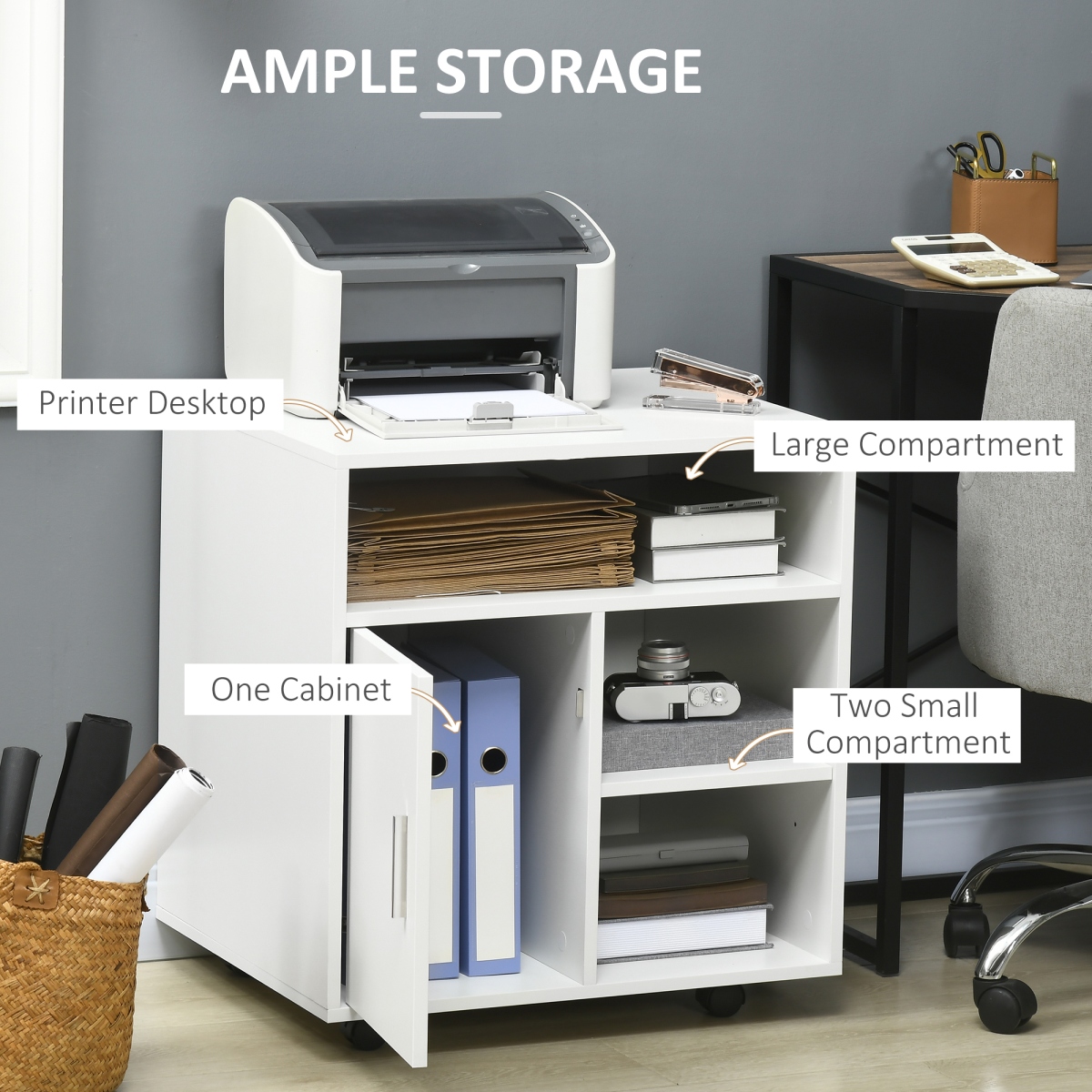 Multi-Storage Printer Unit Office Organisation with 5 Compartments White HOMCOM