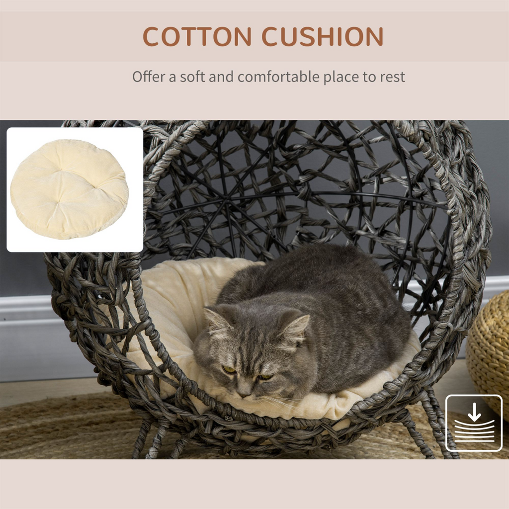 Rattan Elevated Cat House Kitten Bed Pet Furniture w/ Cushion Grey