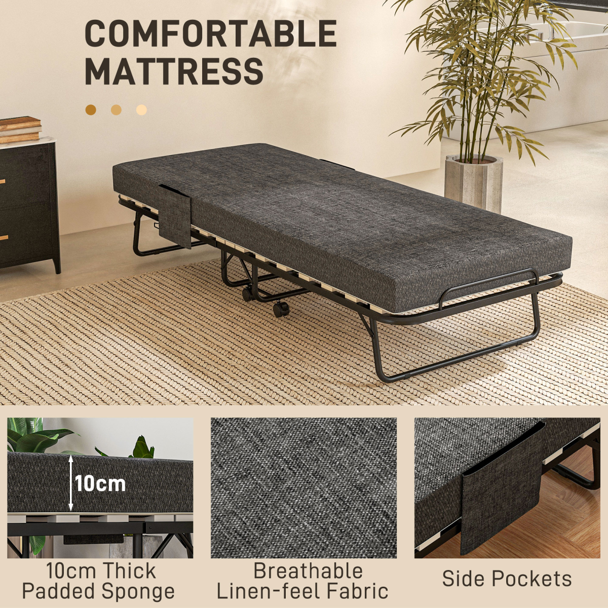 HOMCOM Folding Bed with Mattress Foldable Guest Bed on Wheels with Cover Dark Grey