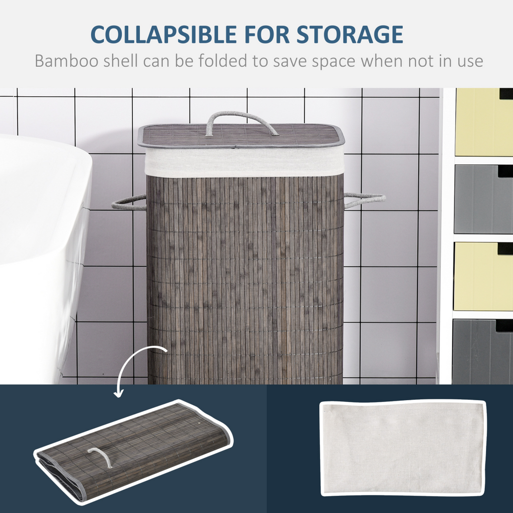Bamboo Laundry Basket with Flip Lid Foldable, Grey Handles Lining