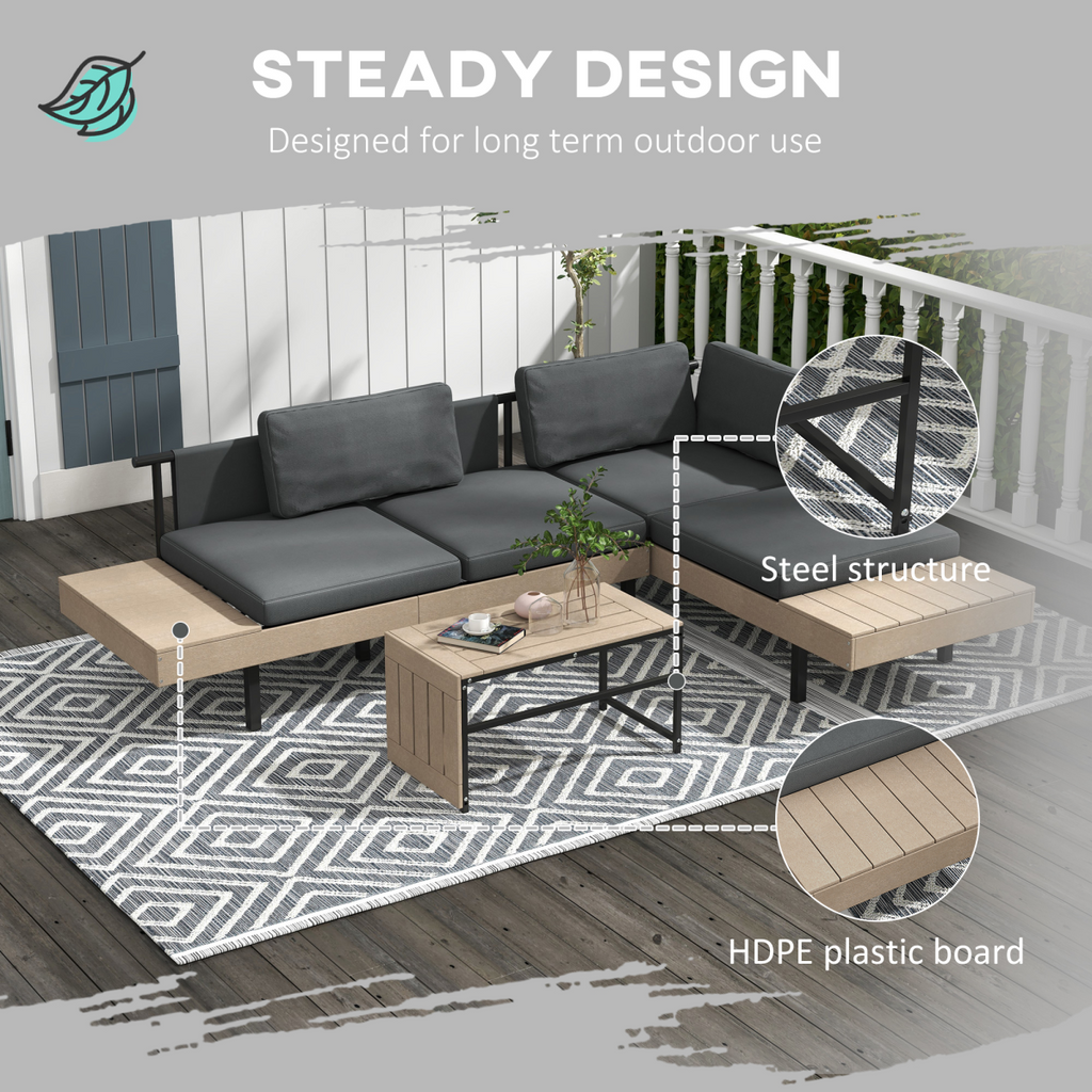 Outsunny HDPE Garden Furniture Sets with Cushions, Table, L-Shaped Sofa, Grey