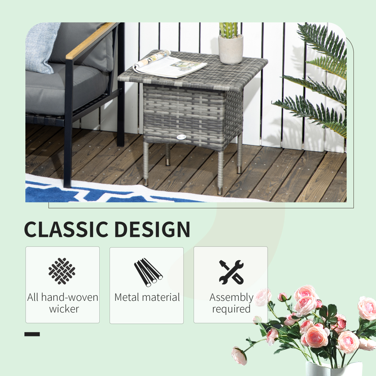 PE Rattan Outdoor Coffee Table, Rattan Side Table for Patio, Garden, Mixed Grey