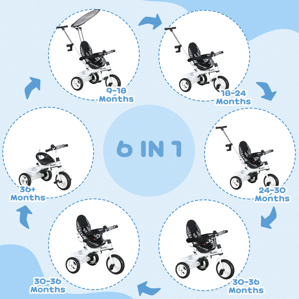 HOMCOM 6 in 1 Kids Tricycle with Removable Handle for 1.5 year, White