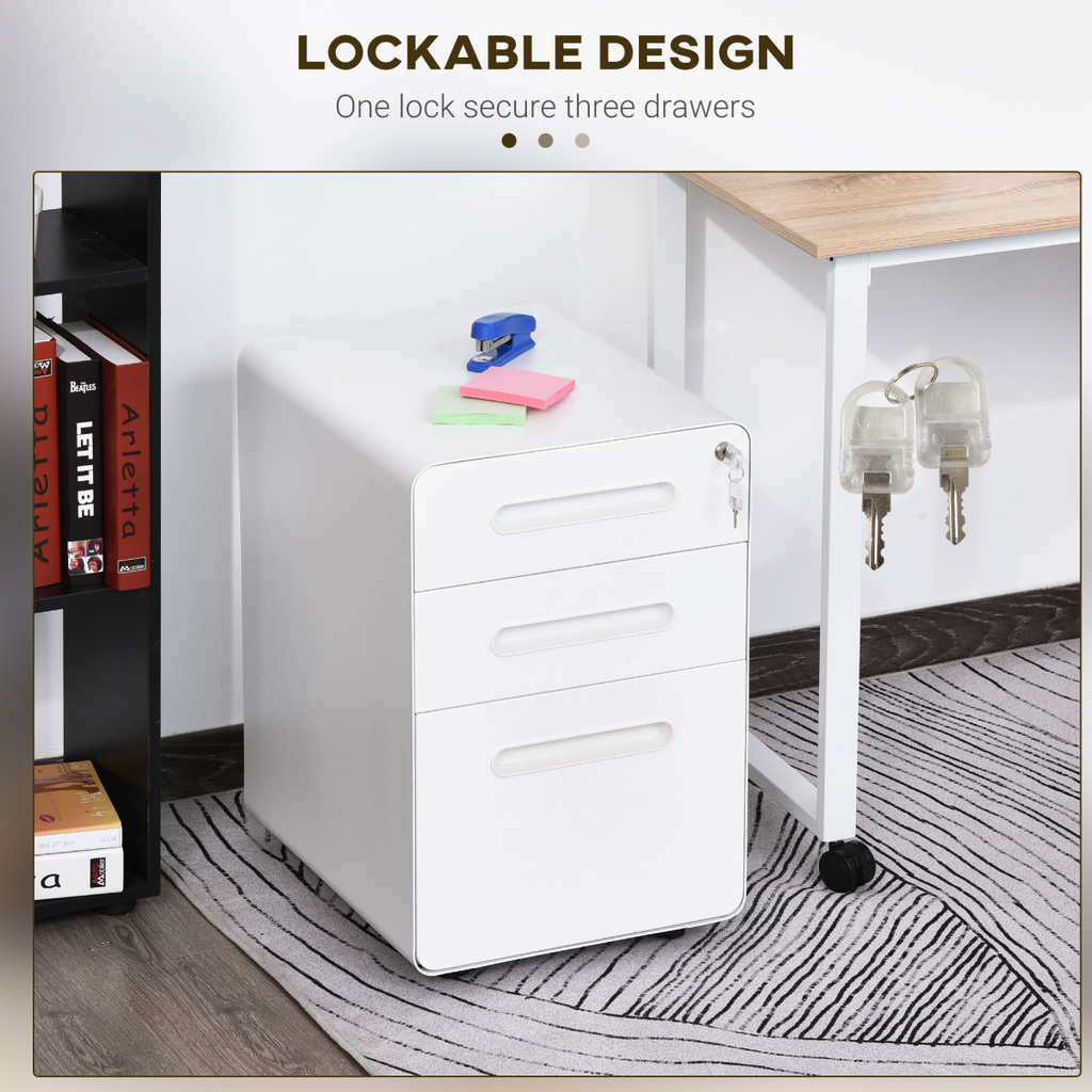 3 Draw Modern Steel Filing Cabinet w/ 4 Wheels Lock Pencil Box White Vinsetto