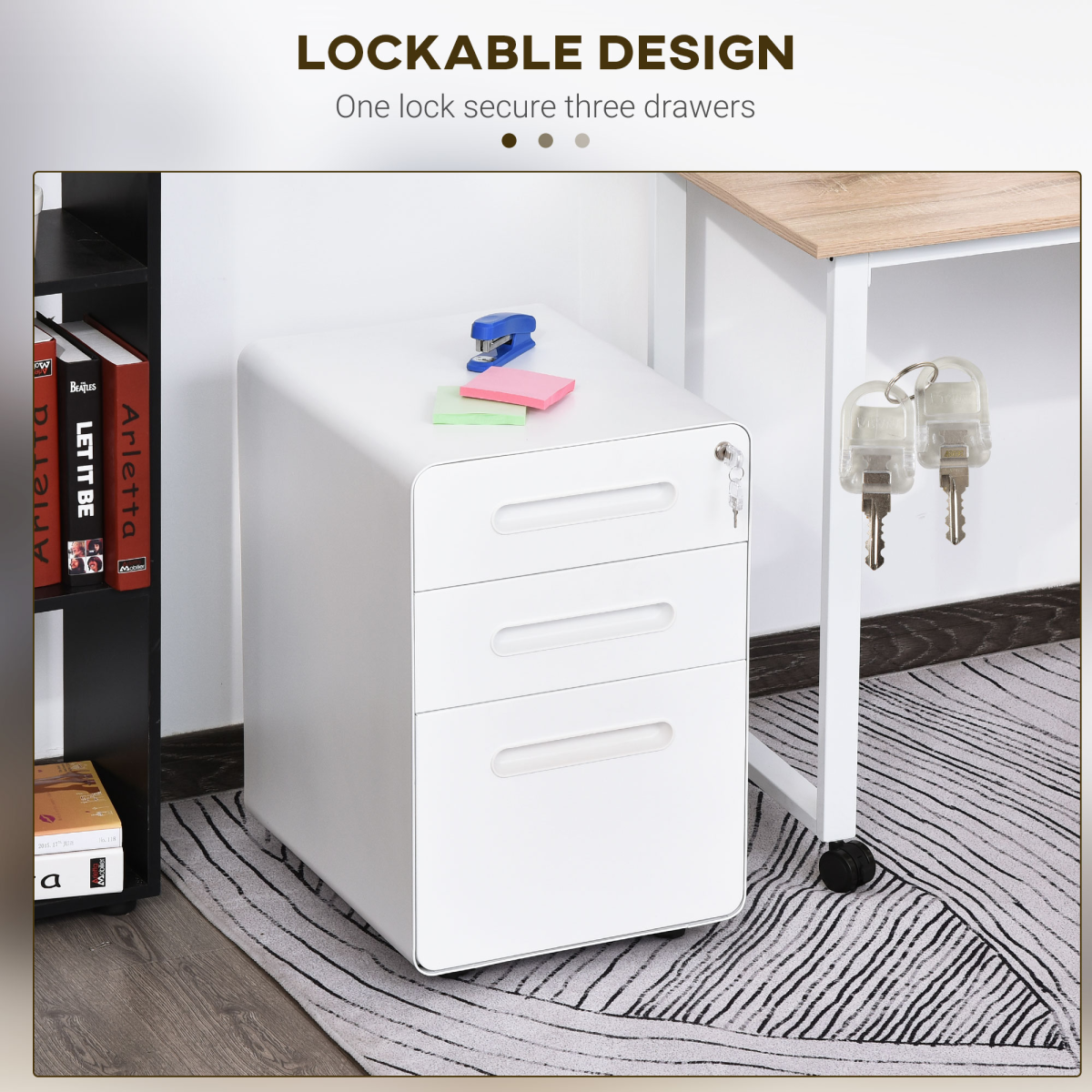 3 Draw Modern Steel Filing Cabinet w/ 4 Wheels Lock Pencil Box White Vinsetto