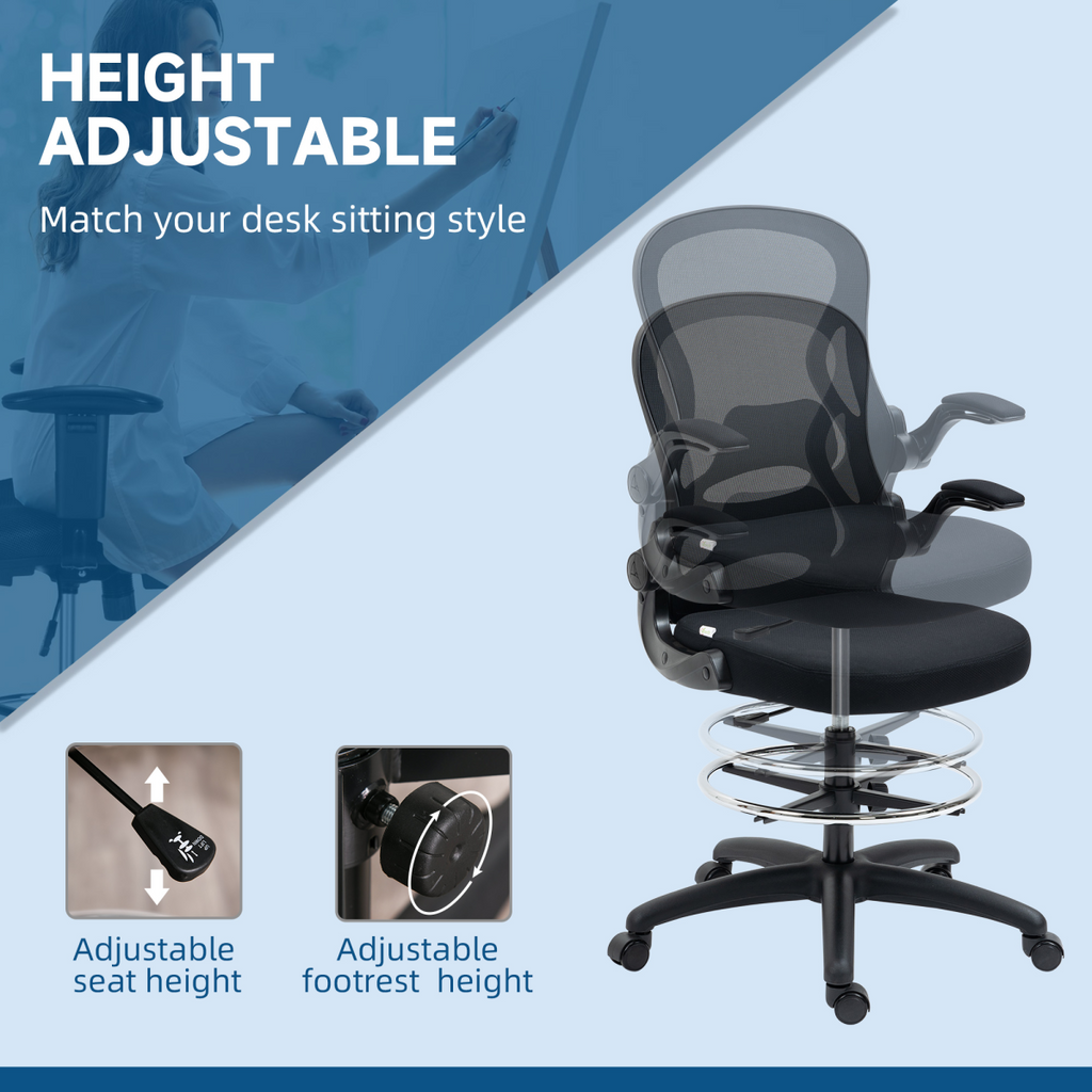 Vinsetto Draughtsman Chair Tall Office Chair with Adjustable Footrest Ring Black