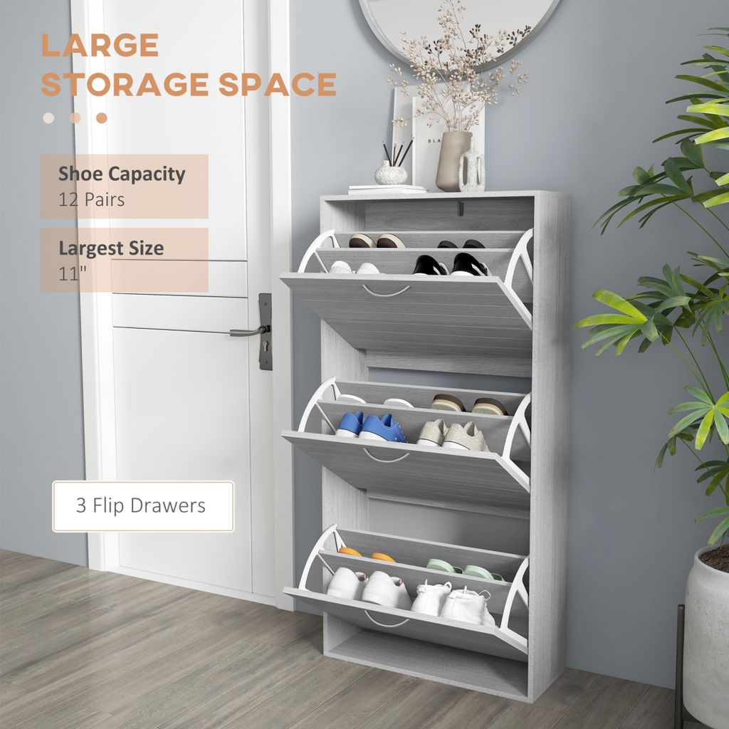HOMCOM Slim Shoe Storage Cabinet with 3 Flip Drawers for 12 Pair of Shoes