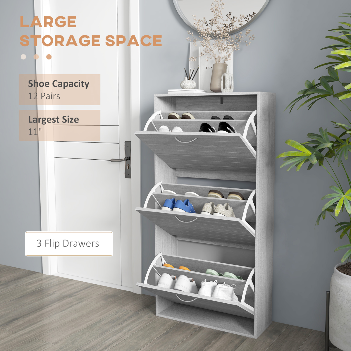 HOMCOM Slim Shoe Storage Cabinet with 3 Flip Drawers for 12 Pair of Shoes