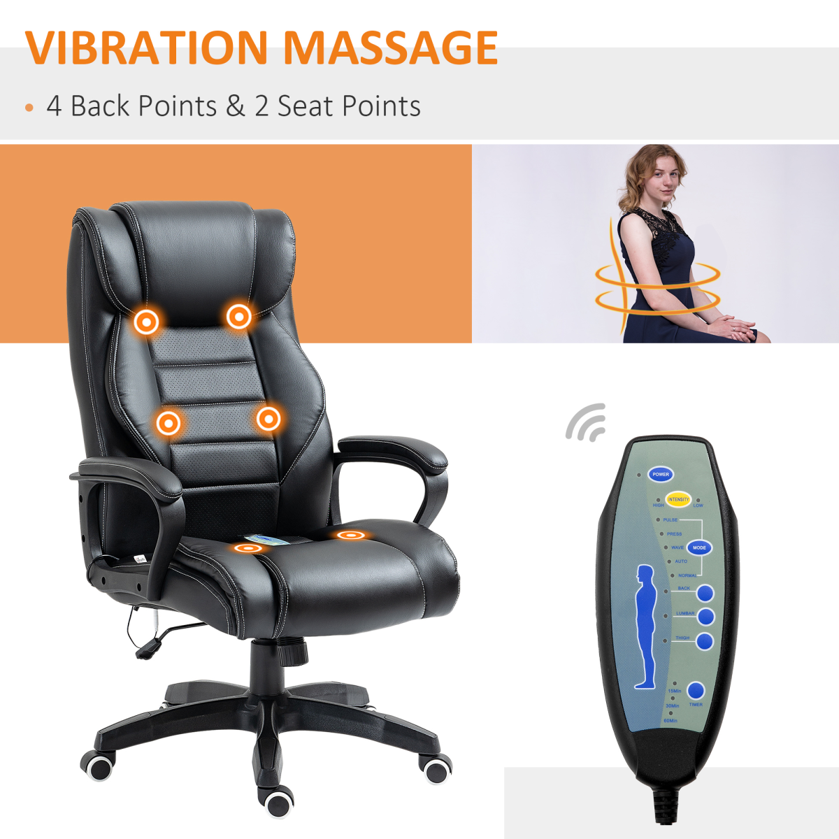 High Back 6 Points Vibration Massage Executive Office Chair, Black Vinsetto
