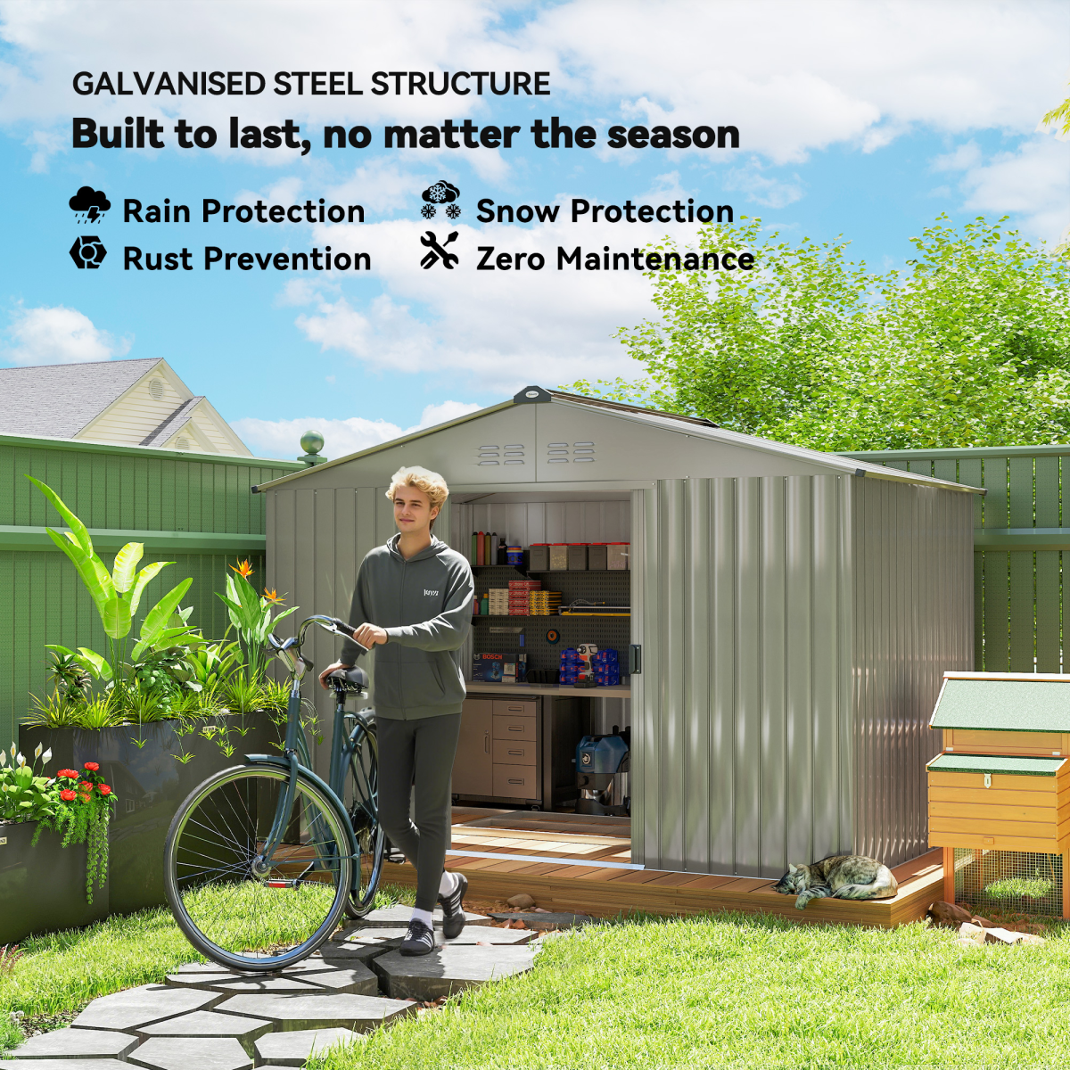 Outsunny 9 x 6FT Galvanised Garden Storage Shed with Sliding Door, Grey