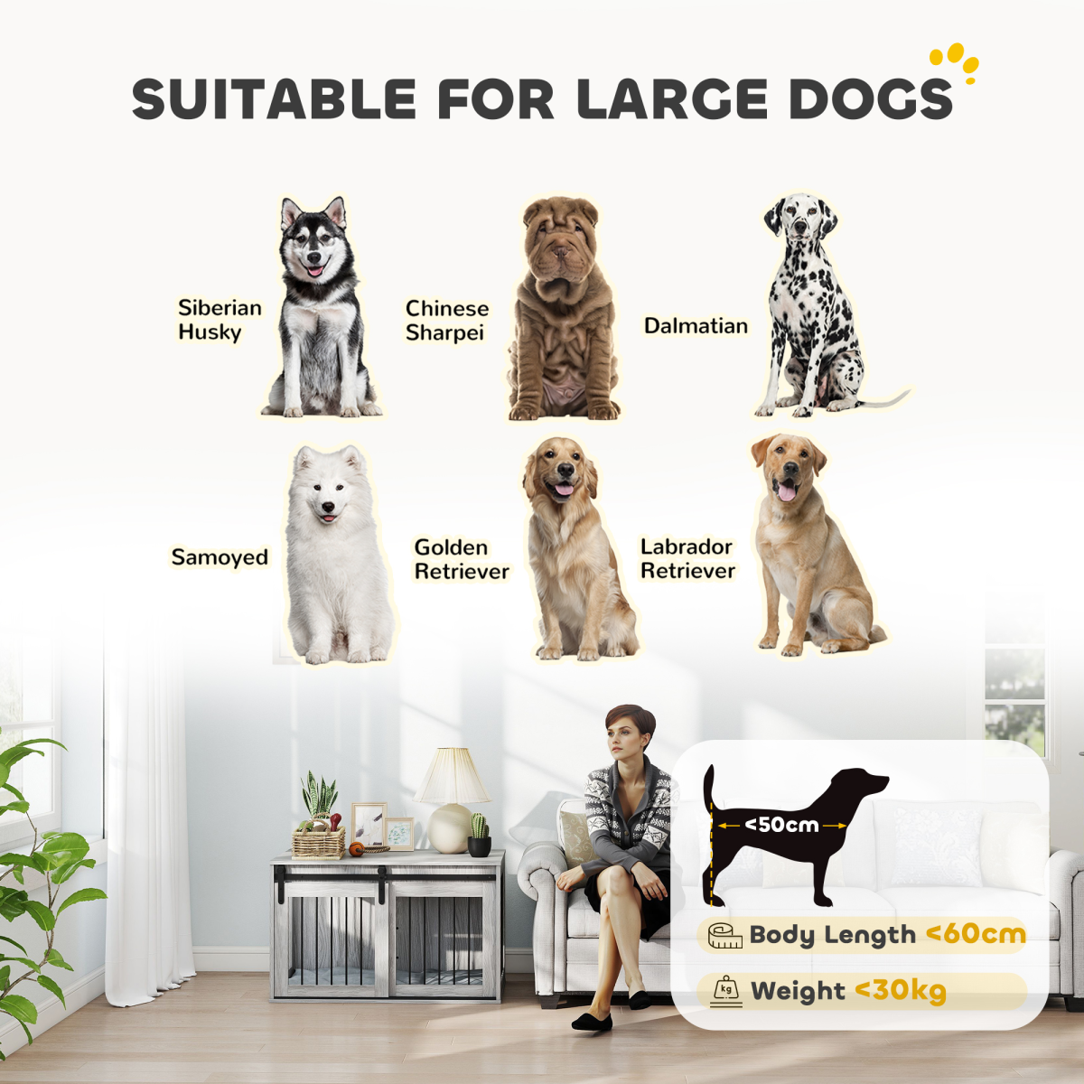 PawHut Dog Crate Furniture with Removable Cushion for Large Dogs - Grey
