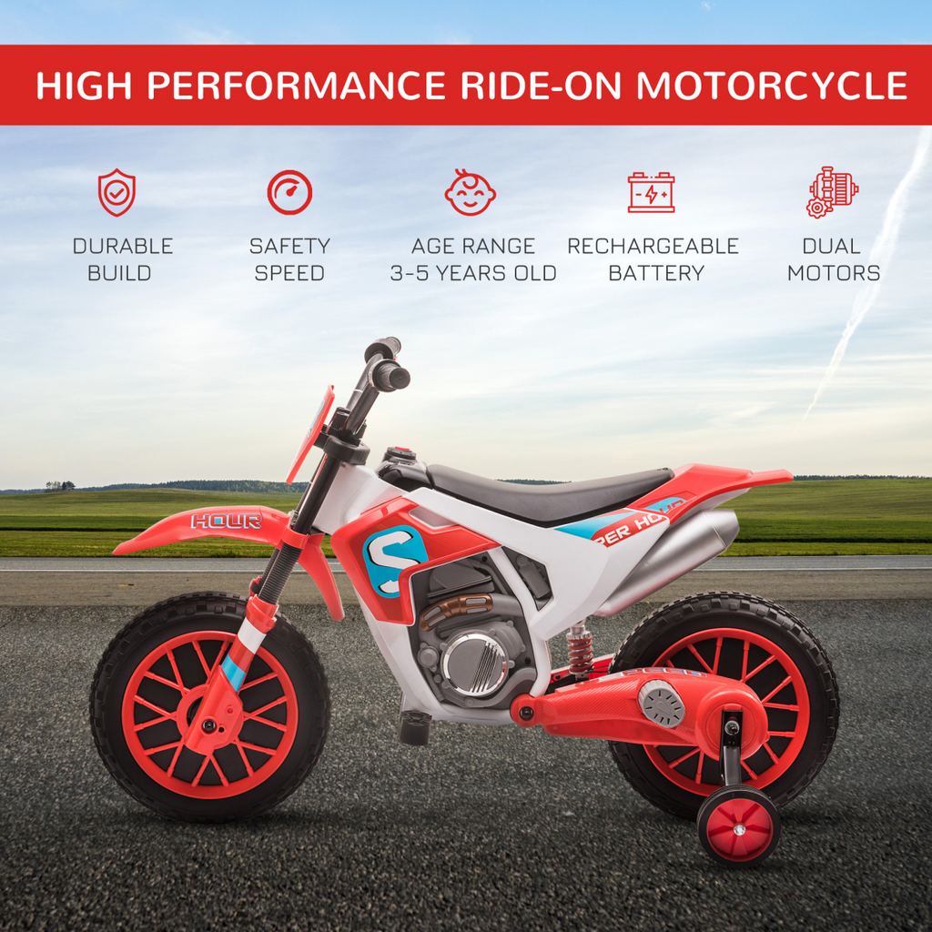 Kids Motorbike Electric Ride-On Toy with Training Wheels, for 3-5 Years - Red