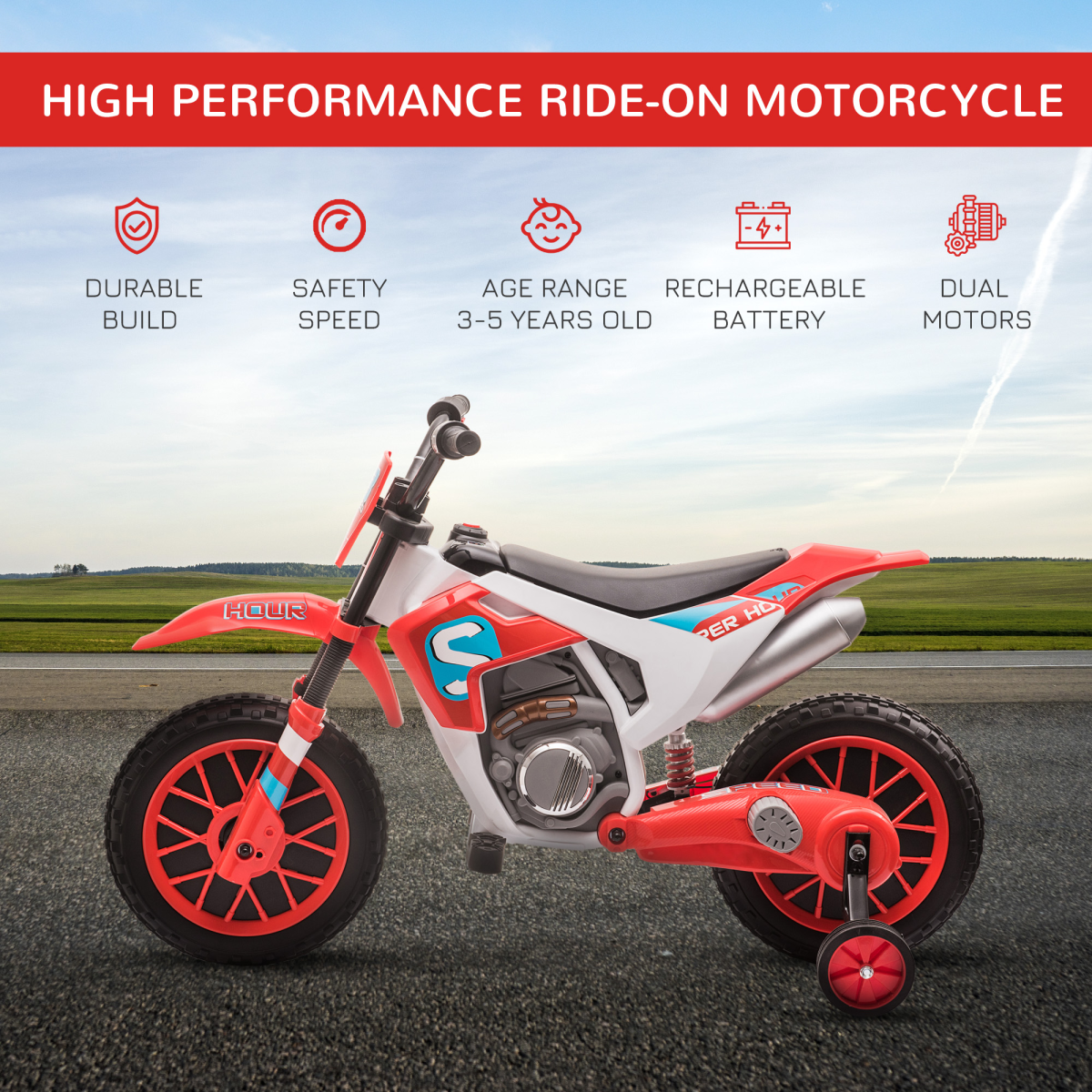 Kids Motorbike Electric Ride-On Toy with Training Wheels, for 3-5 Years - Red