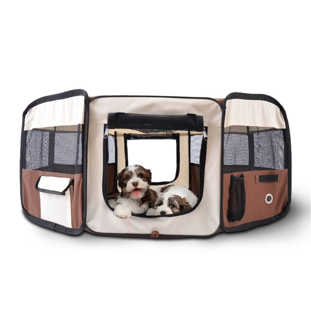 PawHut Foldable Pet Playpen – Brown & Cream, 90cm