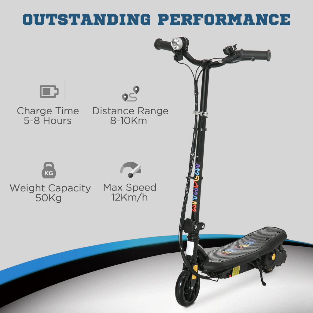 Folding Electric Scooter E-Scooter with LED Headlight, for Ages 7-14 Years - Black