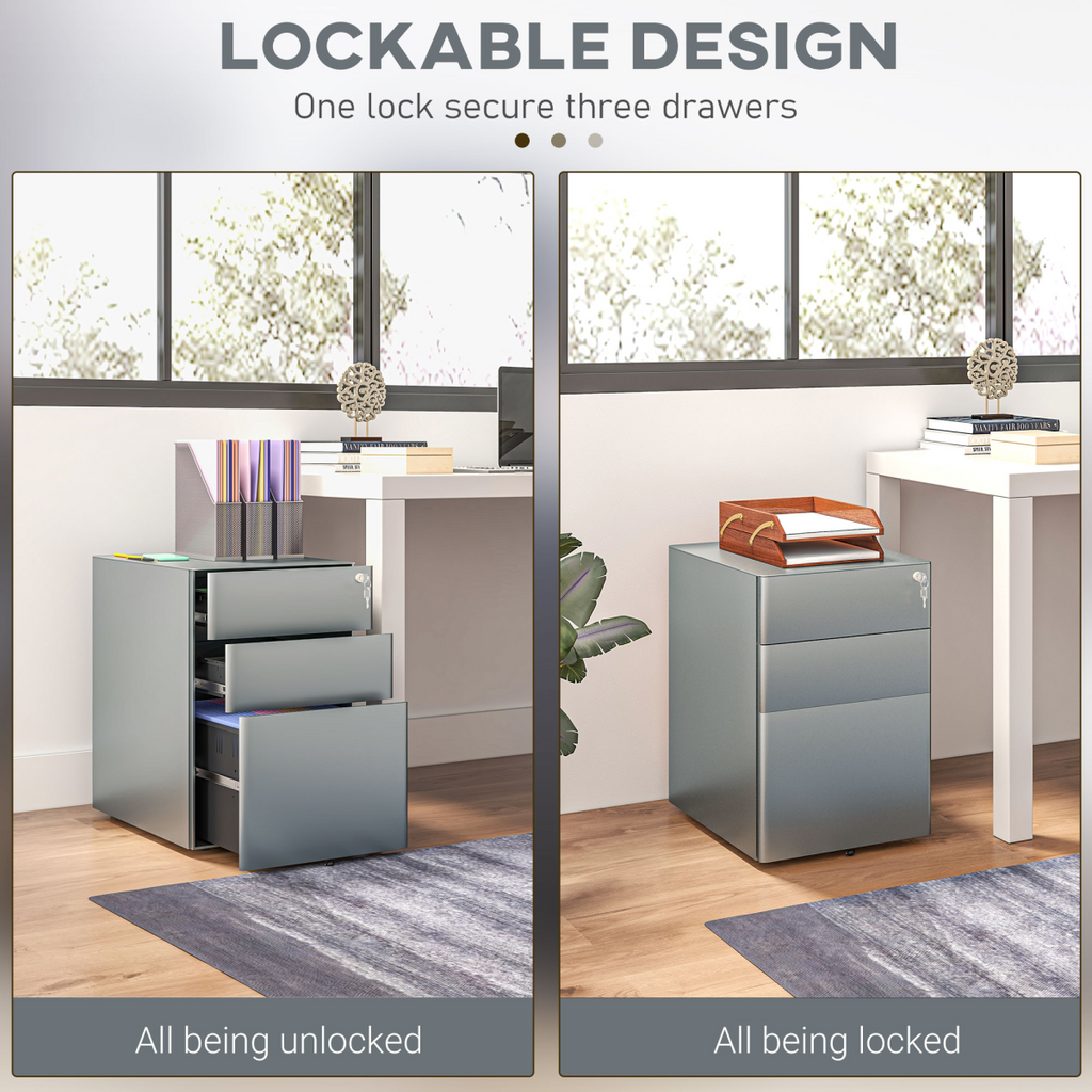 Vinsetto 3 Drawer Metal Filing Cabinet Lockable 5 Wheels Compact Under Desk Grey