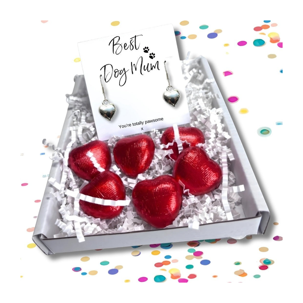 Best Dog Mum Mini Gift Hamper Silver Heart Earrings