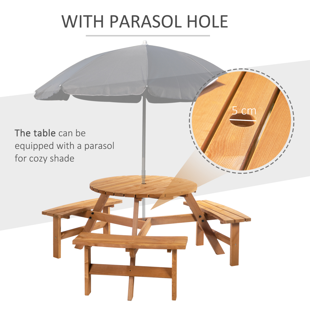 Outsunny Round Table with 3 Attached Benches-Fir Wood
