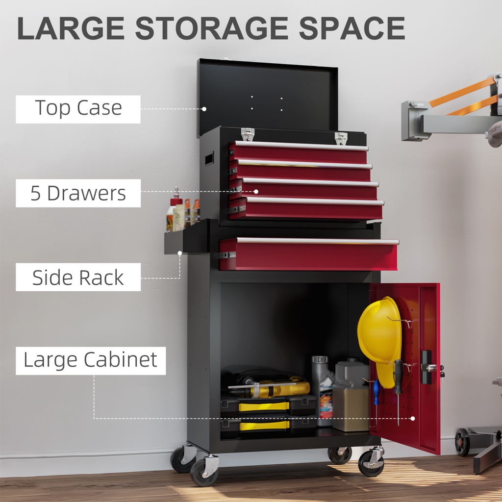 HOMCOM Tool Cabinet on Wheels with 5 Drawers Top Tool Chest Roller Cabinet Combo