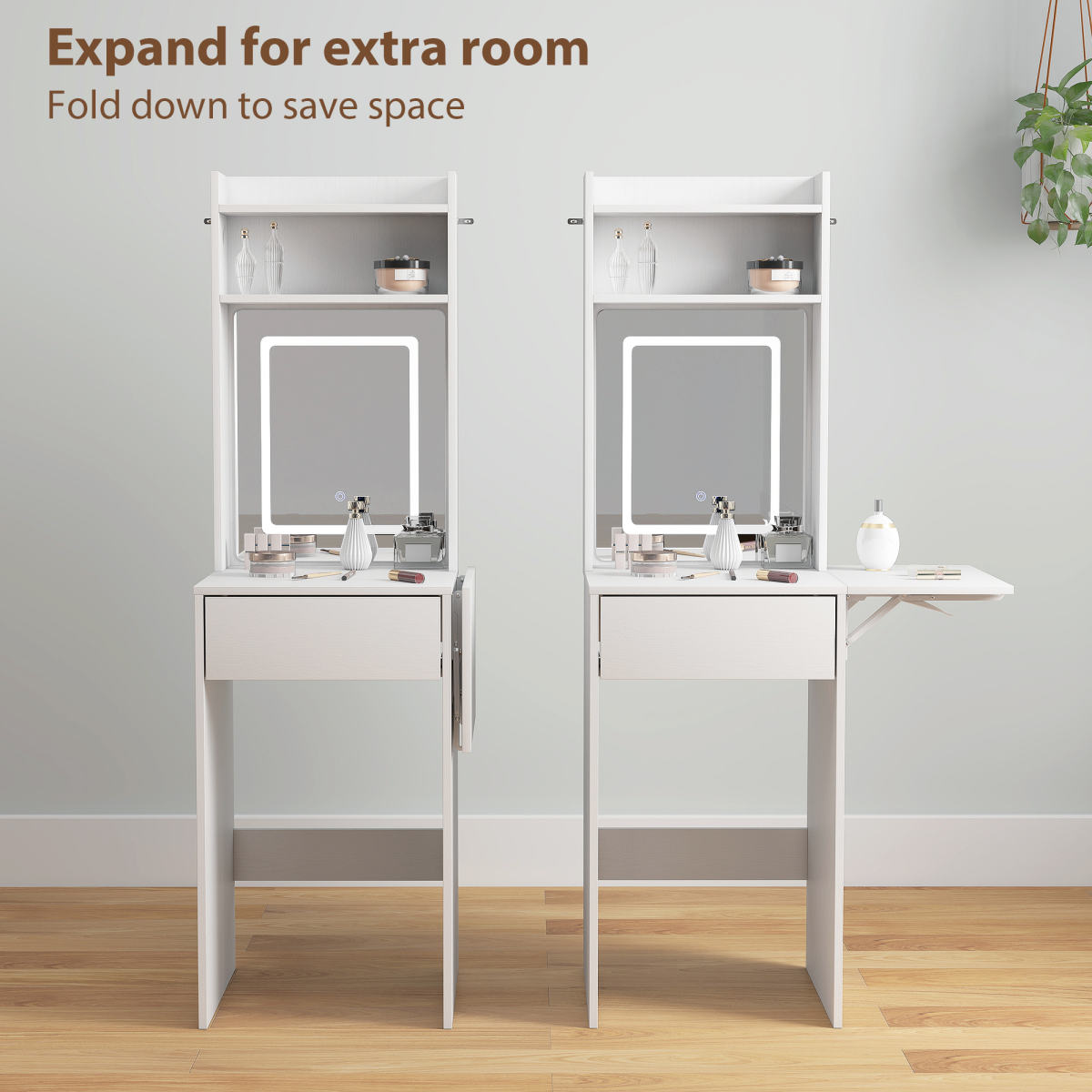 HOMCOM Compact Dressing Table with Lighted Mirror Open Shelves Drawer White