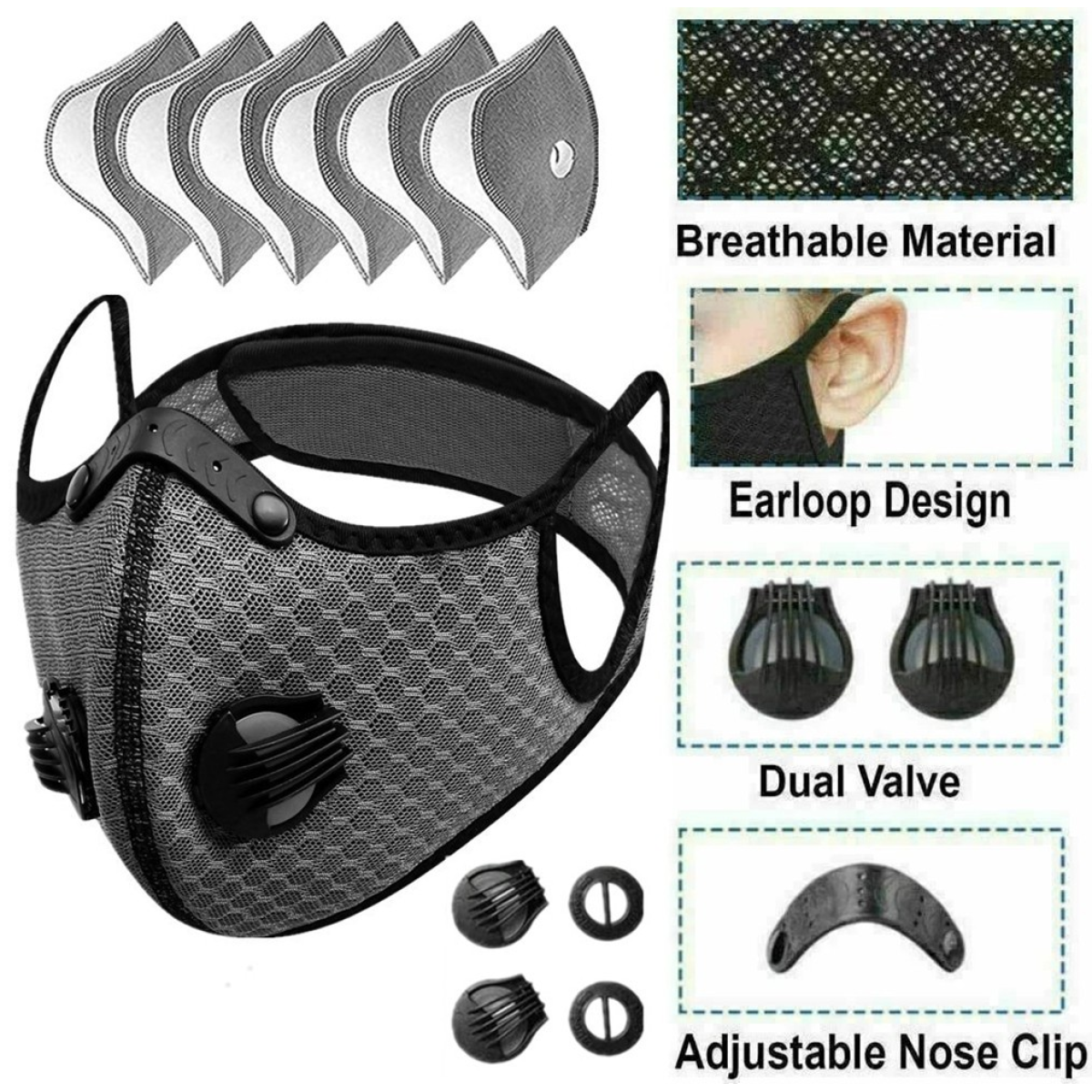 Reusable Half Face Cover Mask with Filter Cycling Outdoor Sport Face Mask Grey