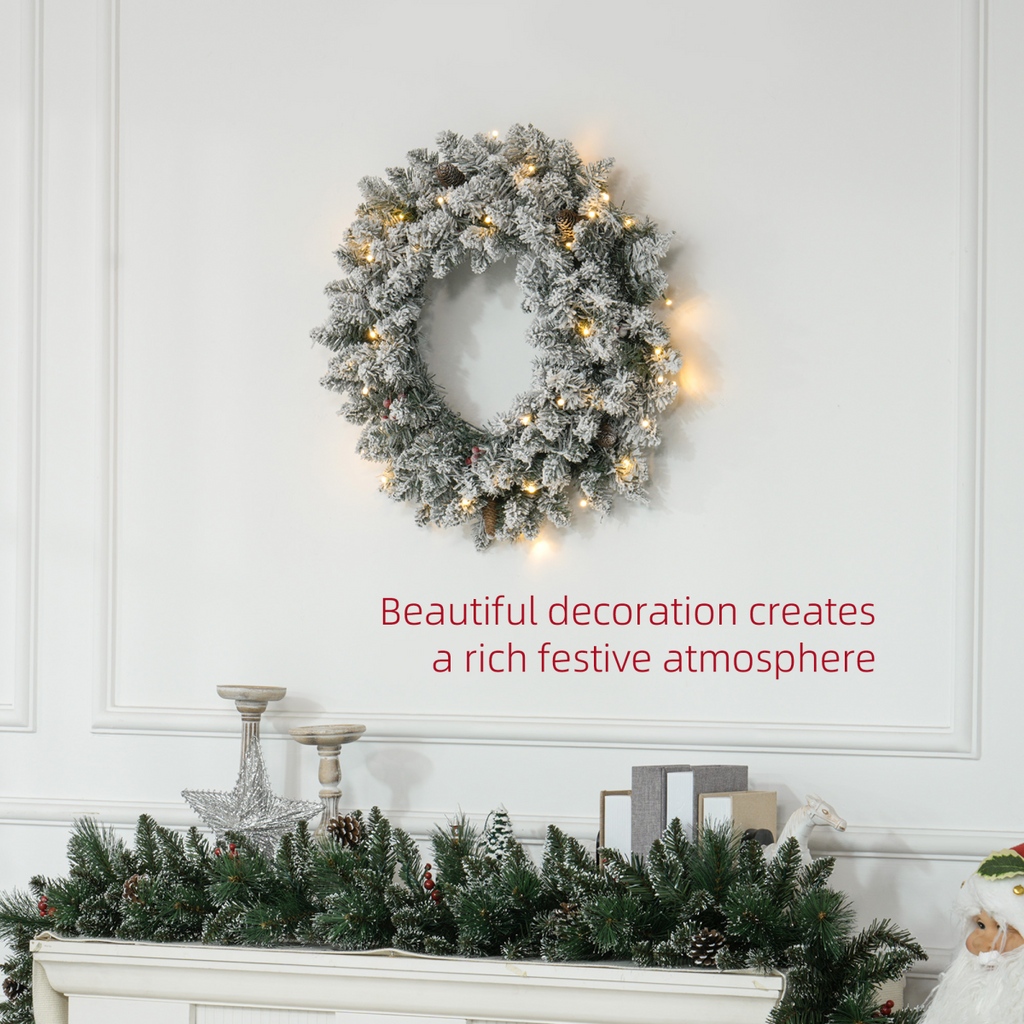 HOMCOM 60cm Flocked Christmas Wreath with Lights Pine Cones Red Berries Green