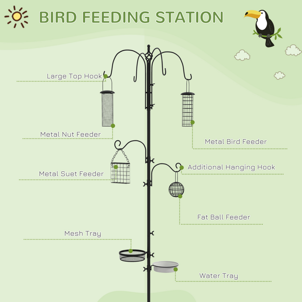 Bird Feeding Station Kit Wild Bird Feeder Pole w/ 6 Hooks 4 Hanging Feeders