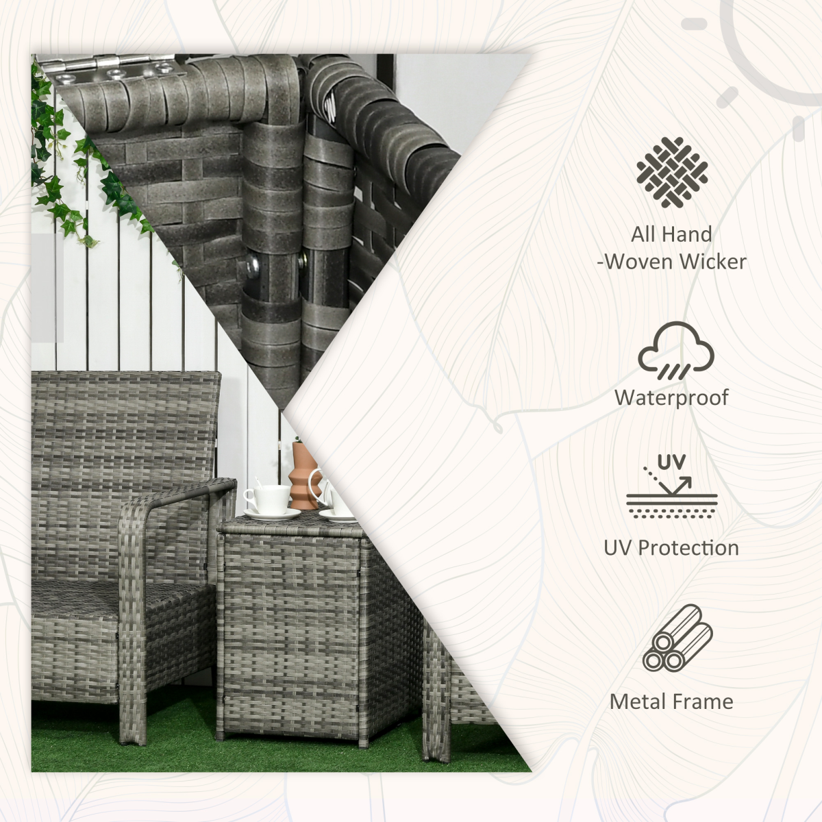 3 PCs PE Rattan Garden Sofa Set w/ 2 Chairs & Storage Table Mixed Grey