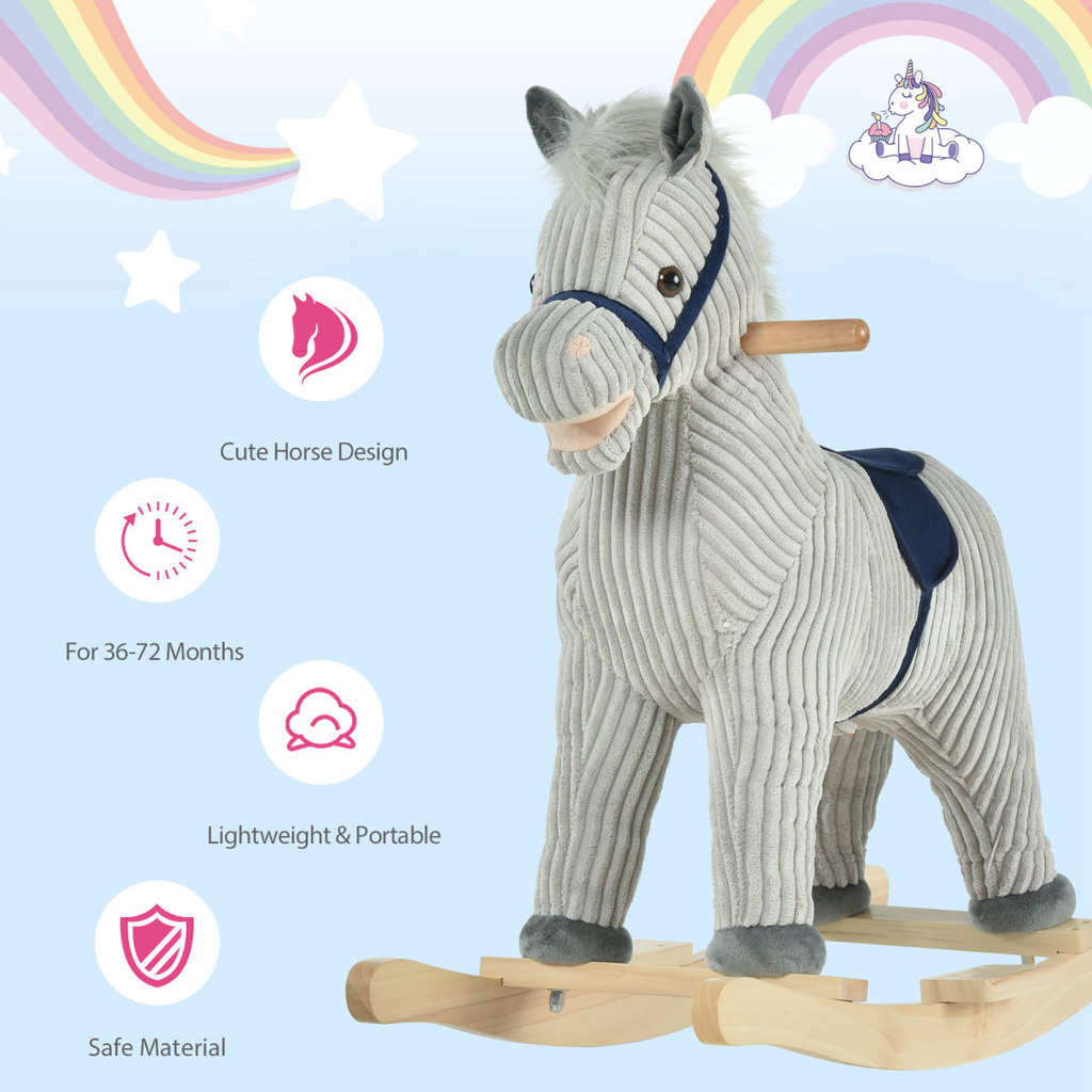 Grey Corduroy Sound-Effect Rocking Horse – Ages 3–6