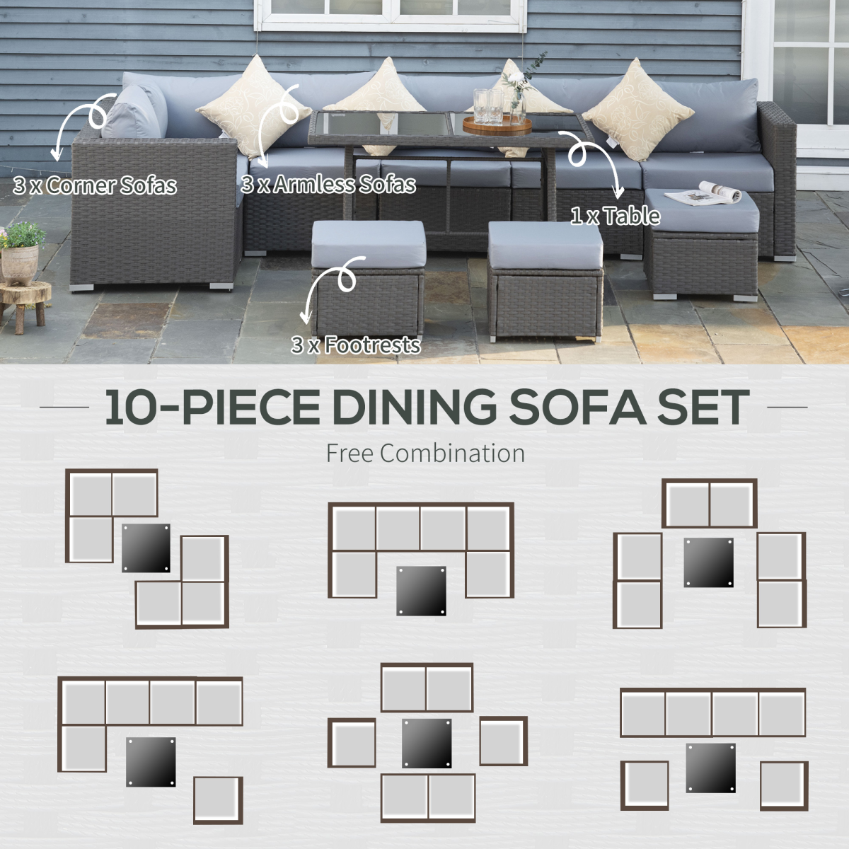 10 Pcs Rattan Sofa Set-Grey/Dusty Blue Cushion
